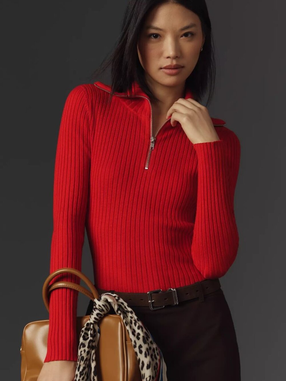 Maeve Red Ribbed Half-Zip Turtleneck Sweater